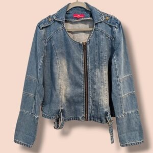Elaine Turner Medium Wash Faded Asymmetric Full Zip Denim Jean Moto Jacket Biker